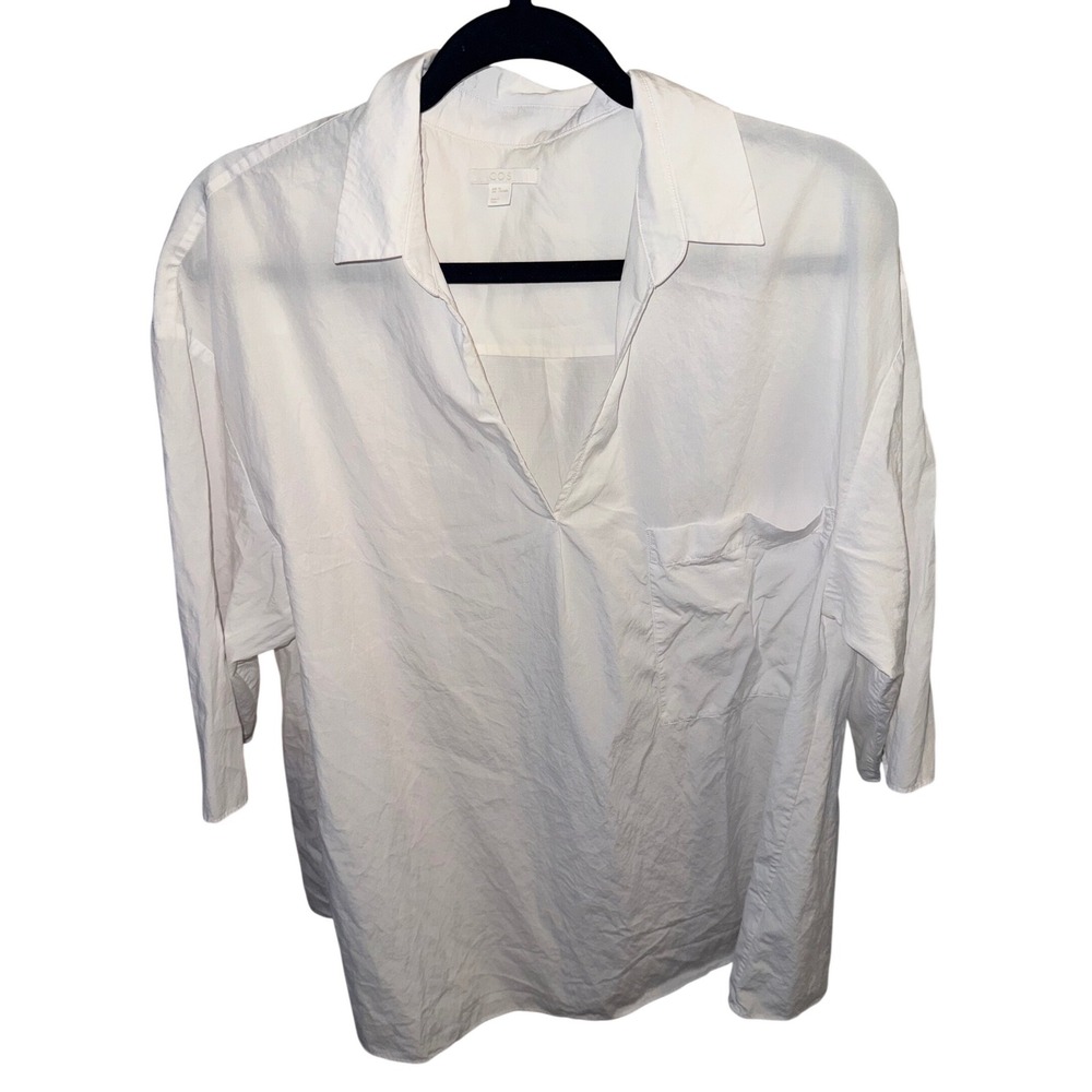 COS White‎ Oversized Lyocell Cotton V-Neck Popover Blouse Tunic Top EUR 44